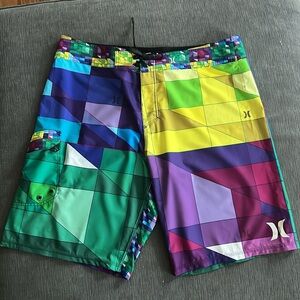 Mens HURLEY Multi Colored Board Shorts Size 38 with Pocket